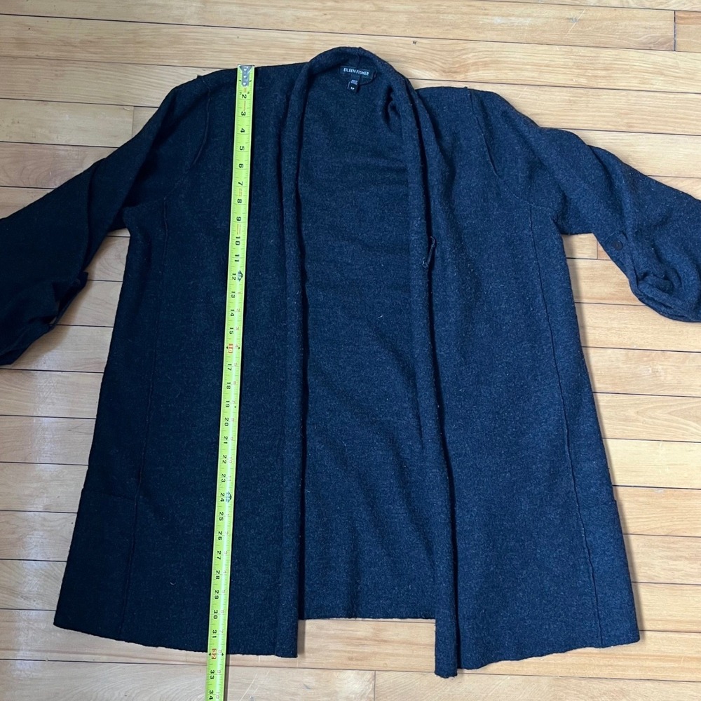 Eileen Fisher Charcoal Grey 100% Merino Wool Open Front Cardigan Sweater Small - Picture 6 of 8